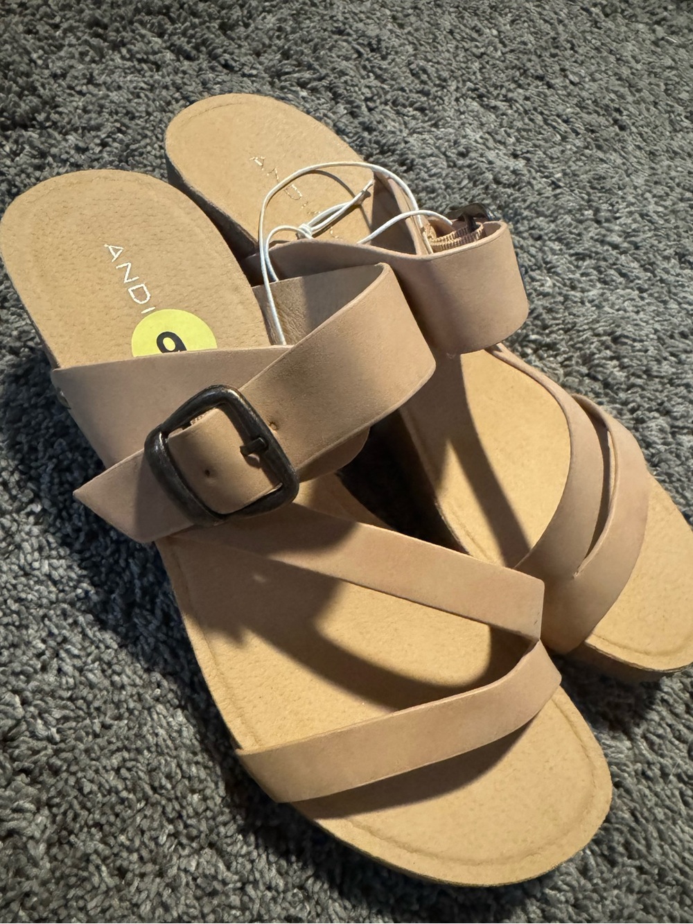 NWOT Andiamo Women's Taupe Strappy Slide Sandals with Buckle Accent